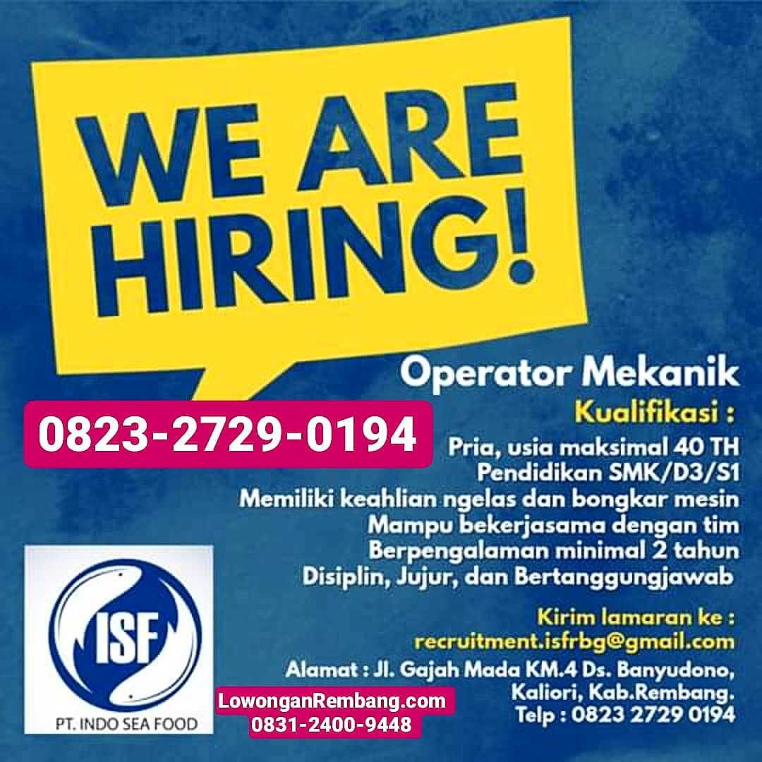 Lowongan Operator Mekanik Pabrik PT Indo Sea Food Desa Banyudono Kecamatan Kaliori