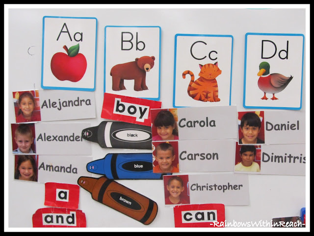 photo of: Word Wall in Kindergarten Featuring Children's Names with Photo (from RainbowsWithinReach Round Up) 