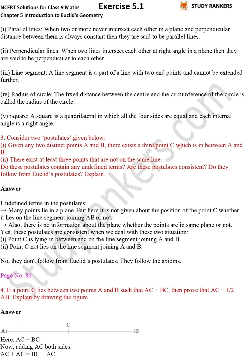 NCERT Solutions for Class 9 Maths Chapter 5 Introduction to Euclid's Geometry Exercise 5.1 Part 2