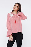 Bluza dama LaDonna rosie cu dungi casual brodata din bumbac