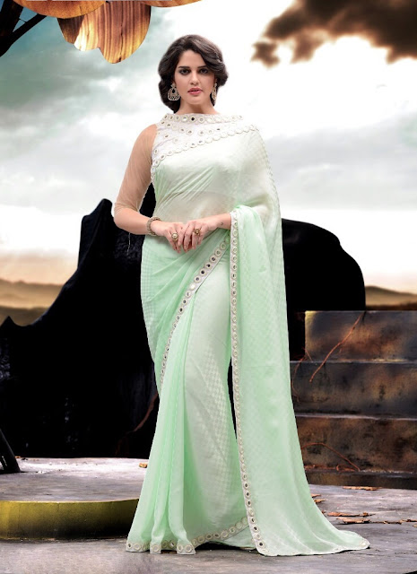  Mirror Work Pista Green Satin Jacquard Saree With Raw Silk Blouse