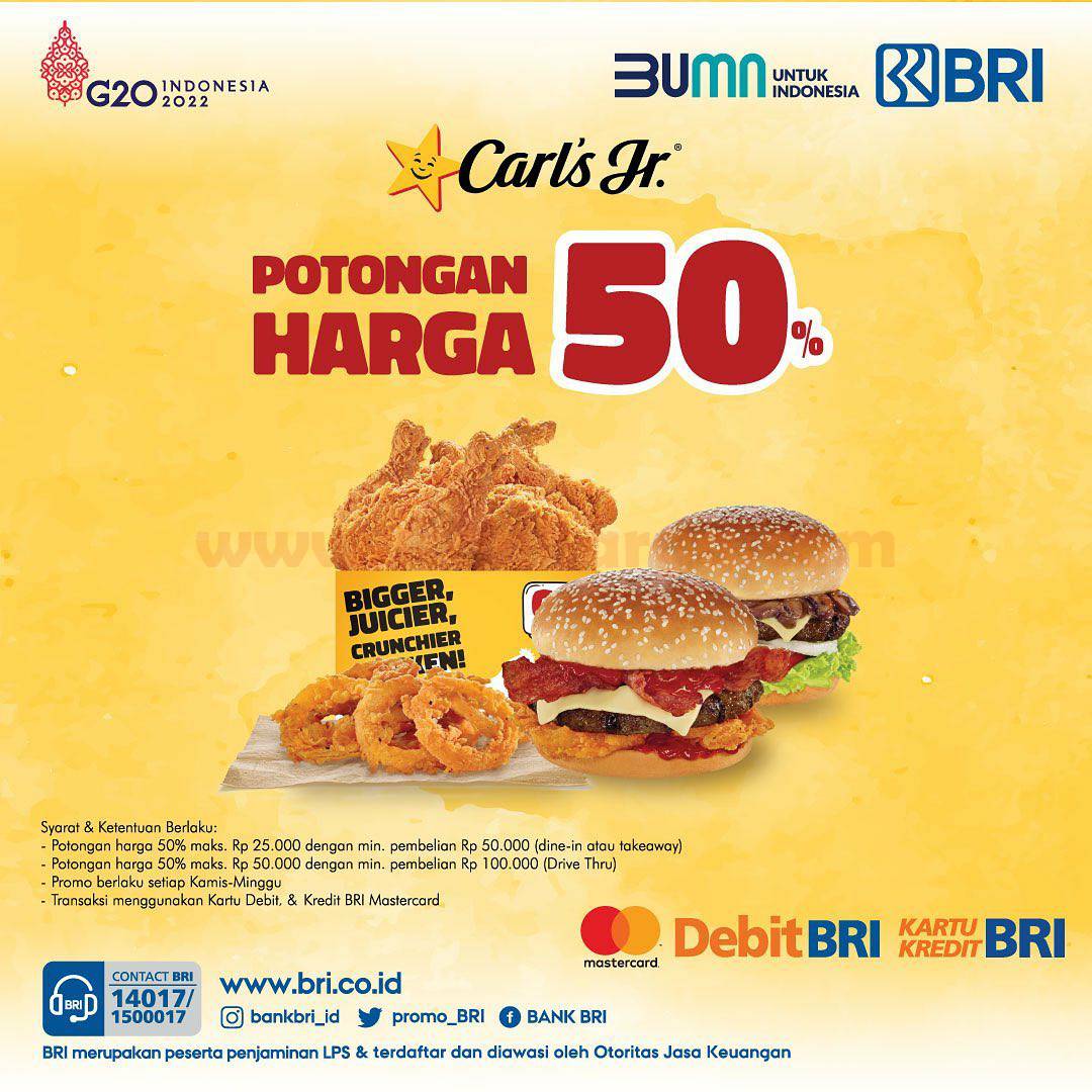 CARLS Jr Promo Diskon 50% Khusus Pengguna Kartu Debit & Kartu kredit BRI*