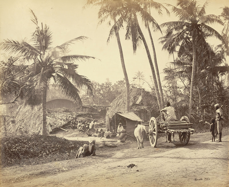 Bengal Village Showing villagers Outside Thatch Houses, Bullock Cart Near Roadside - Samuel Bourne 1863