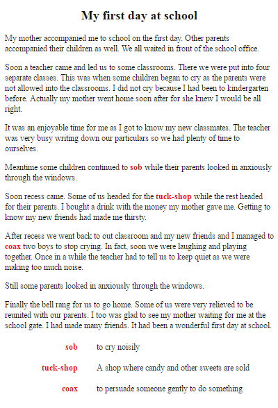 (Essay on my first day at school for classes 2, 3, 4, 5, 6, 7, 8, 9, in English after summer vacation, words, for the exam.) A school is a place of learning.Here he forms new associations that comes in contact with boys of different temperaments and forms new ideas and habits.It is here that he prepares himself for the struggle of life.