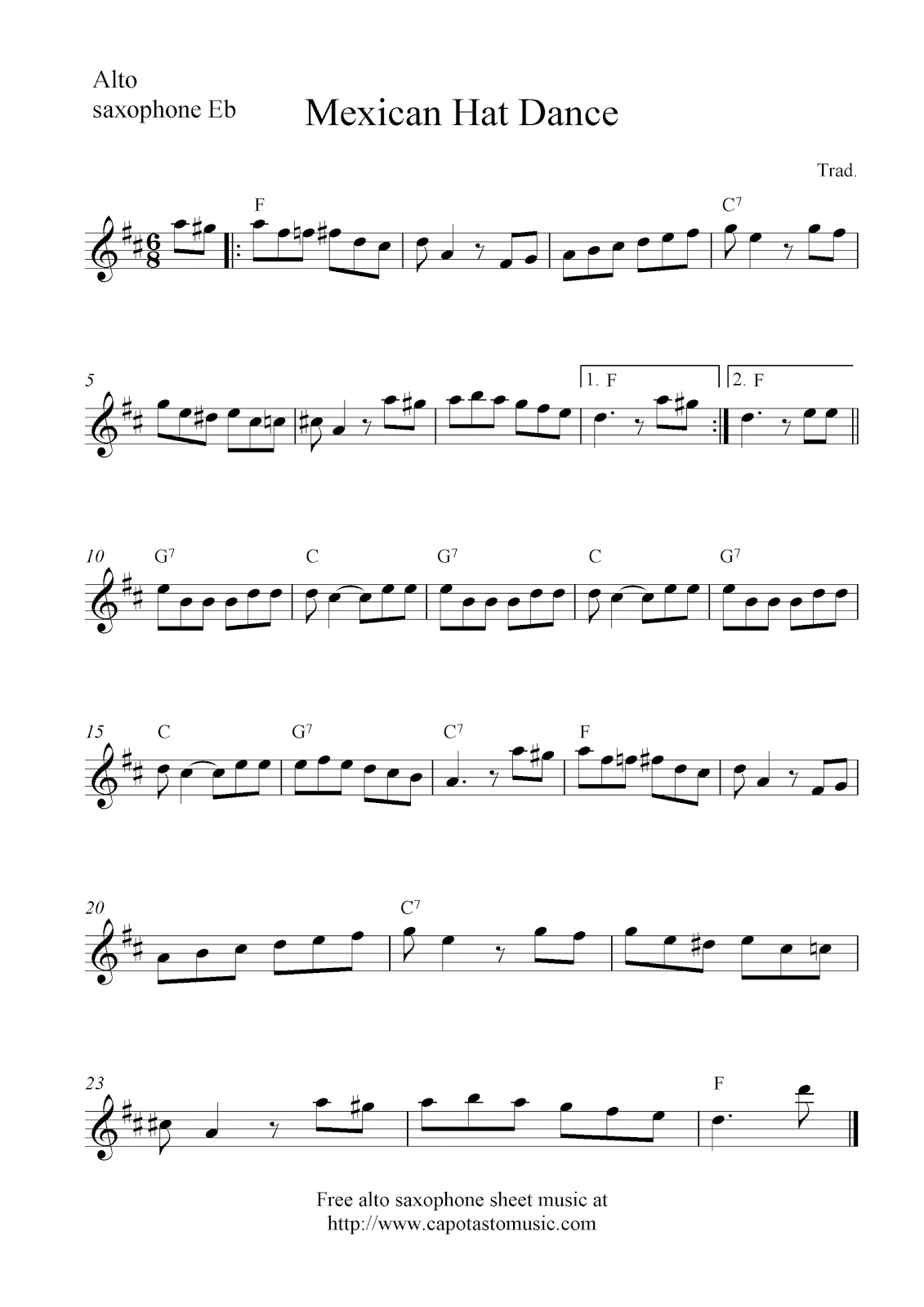 Mexican Hat Dance, free alto saxophone sheet music notes