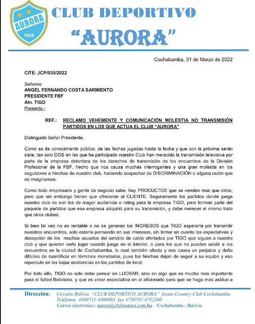 Comunicado de Aurora contra Tigo