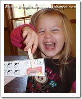 Minnie (3) LOVED putting the clothespins on top of the correct number of animals!
