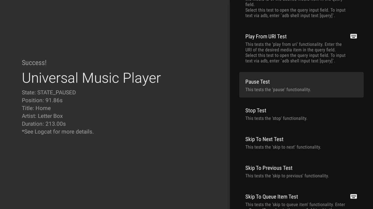 Android TV MCT Screenshot of the testing screen; the Pause test was run successfully and the left side of the screen now displays selected MediaController information.
