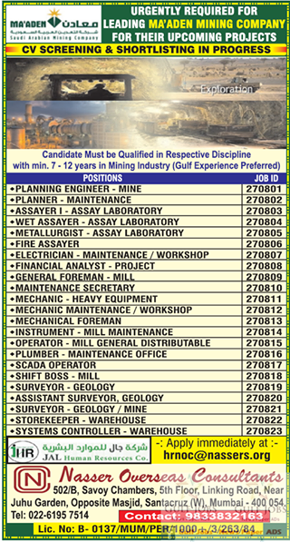 MAADEN Company job's for KSA