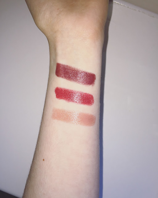 Swatches of Lily Lolo's natural lipsticks in Berry Crush, French Flirt and Rose Gold