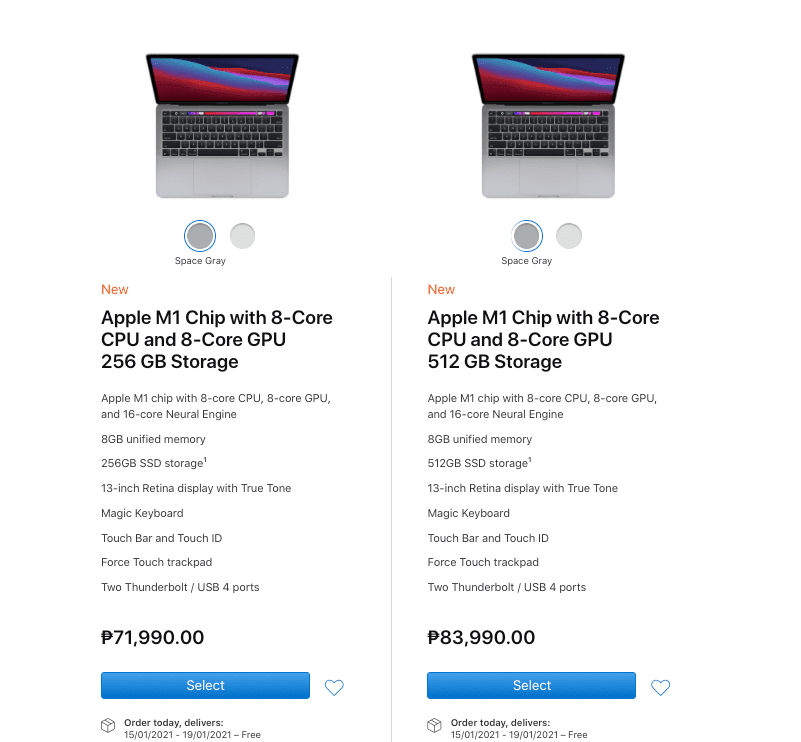 M1 13-inch MacBook Pro on Apple PH website