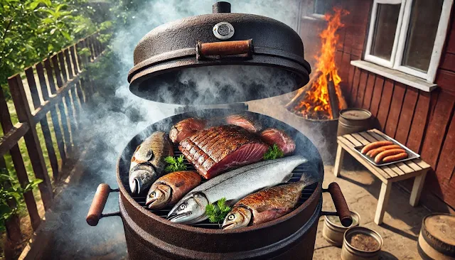 Smoking in Action: A backyard smoker with meat or fish being cooked.