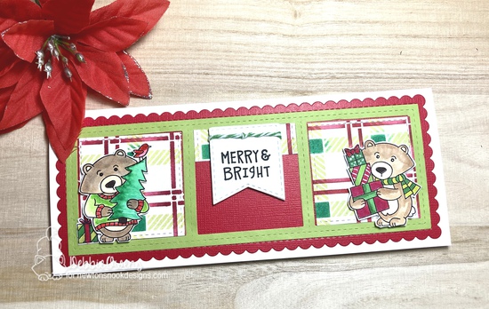 Merry & Bright by Debbie features Newton's Home for Christmas, Sentiment of the Season, Plaid, Slimline Frame & Windows, and Slimline
