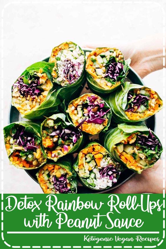 Detox Rainbow Roll-Ups - with curry hummus and veggies in a collard leaf, dunked in peanut sauce! most beautiful healthy desk lunch! #glutenfree #sugarfree #vegan #vegetarian #healthy