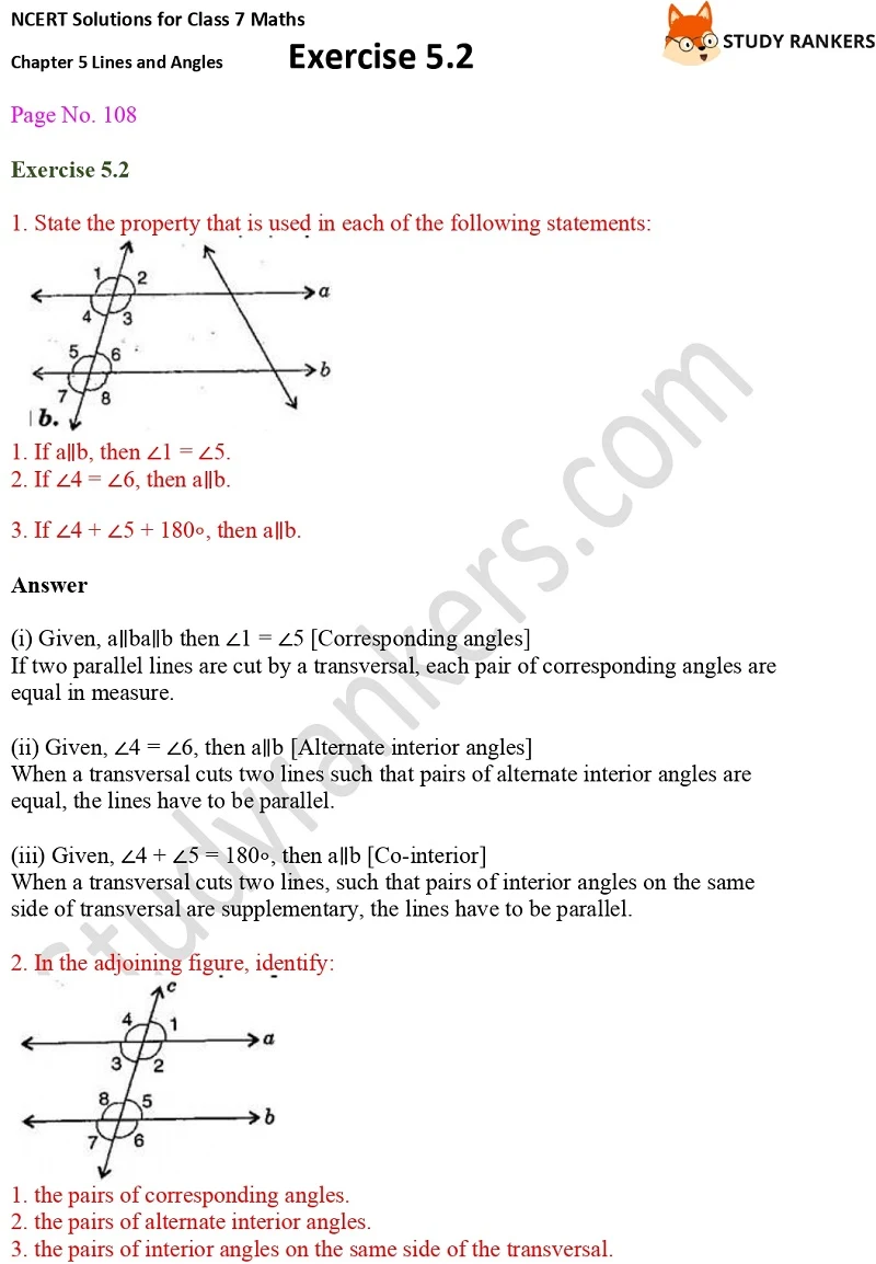 NCERT Solutions for Class 7 Maths Ch 5 Lines and Angles Exercise 5.2 1