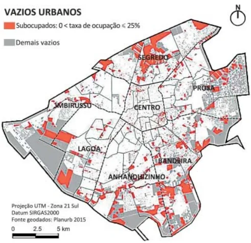 Na figura a seguir, observa-se o mapeamento dos vazios urbanos realizados pelo Observatório de Arquitetura e Urbanismo da Universidade Federal de Mato Grosso do Sul para a cidade de Campo Grande-MS.