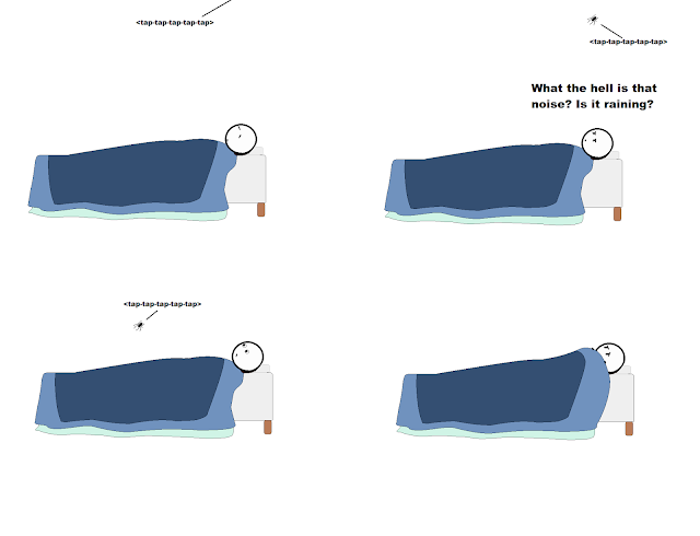 panel 1, I’m asleep in bed when there’s a tapping coming from the ceiling, panel 2, more tapping as I wake up and say “What the hell is that noise? Is it raining?” panel 3, my eyes go wide as I see a giant spider making the noise as it walks across the wall, panel 4, I’m pulling the covers up as I watch in fear