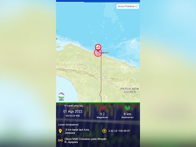 Gempa Magnitudo 3.2 Guncang Barat Laut Kota Jayapura
