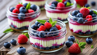 Layered gluten-free no-bake berry cheesecake jars topped with fresh raspberries and blueberries