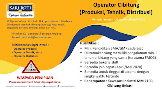 Lowongan Kerja / Job Vacancy : PT Nippon Indosari Corpindo Tbk (Sari Roti)