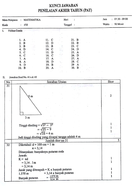 Soal dan Kunci Jawaban Latihan Soal PAT Matematika Kelas  LATIHAN SOAL PAT MATEMATIKA KELAS 8 Sekolah Menengah Pertama MTS KURIKULUM 2013