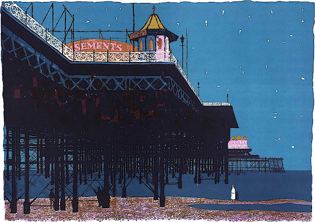 Bernard Brett art 1974, the pier boardwalk at night