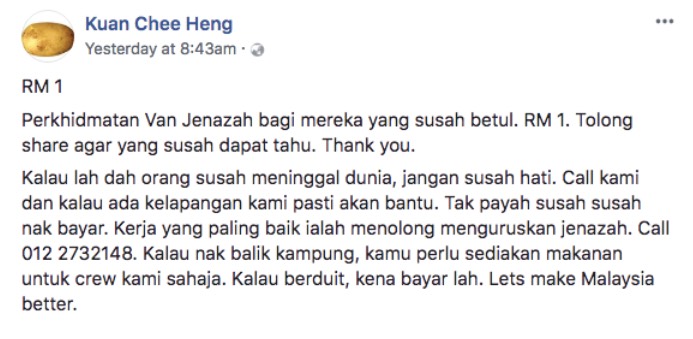 Tawar Khidmat Van Jenazah RM1, Uncle Kuan Dedah Kisah Sedih Disebalik Tawaran Itu