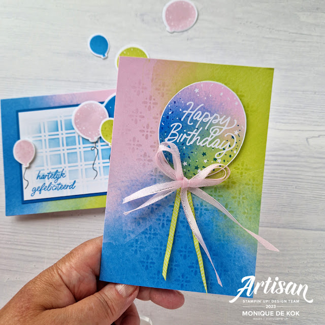 Feestballonnen, stempelset, Beautiful Balloons, decorative masks, sjablonen, zelfgemaakte kaart, achtergrond, Stampin Up, Hop Abroad, Stampin met Monique