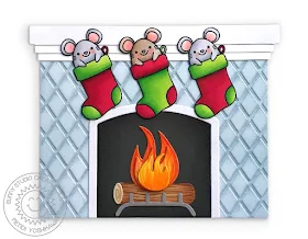 Sunny Studio: Merry Mice Christmas Mouse Hanging in Stockings from Fireplace Shaped Holiday Card (using Fireplace Die & Dapper Diamonds 6x6 Embossing Folder)