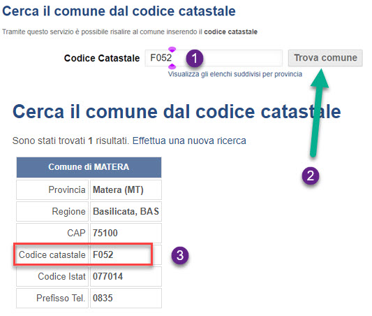 trovare comune dal codice catastale