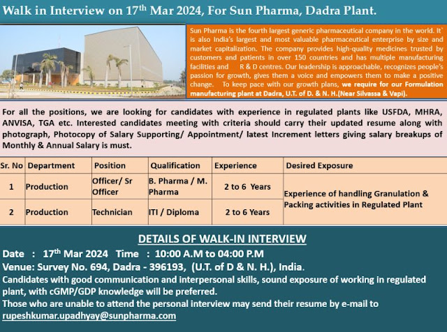 Sun Pharma Walk In Interview For Production Dept