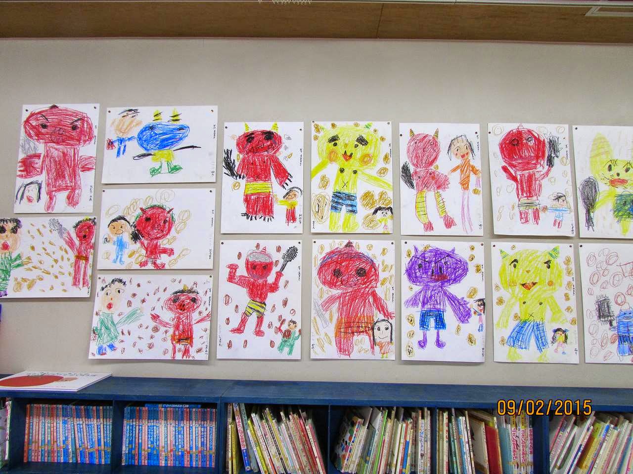 ふたば幼稚園の最近の様子 節分の鬼の絵です 墨絵も楽しいね
