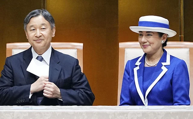Empress Masako wore a royal blue blazer and royal blue skirt, Pearl brooche and pearl earrings