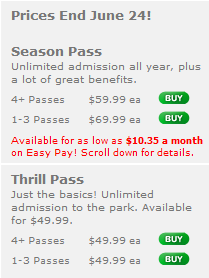 Prices for SixFlags Season Pass and Thrill Pass Summer 2012 Until June 24