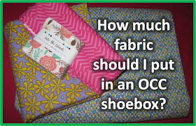 How much fabric should be included in an Operation Christmas Child shoebox?