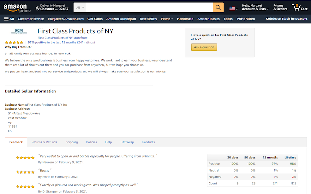 Screenshot of Amazon seller profile for Jar Heads