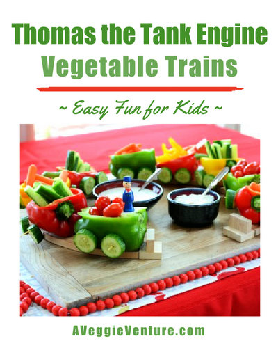 Thomas the Tank Engine Vegetable Trains ♥ AVeggieVenture.com. No craft skills required. Easy fun for birthday parties, holiday gatherings, awards dinners.