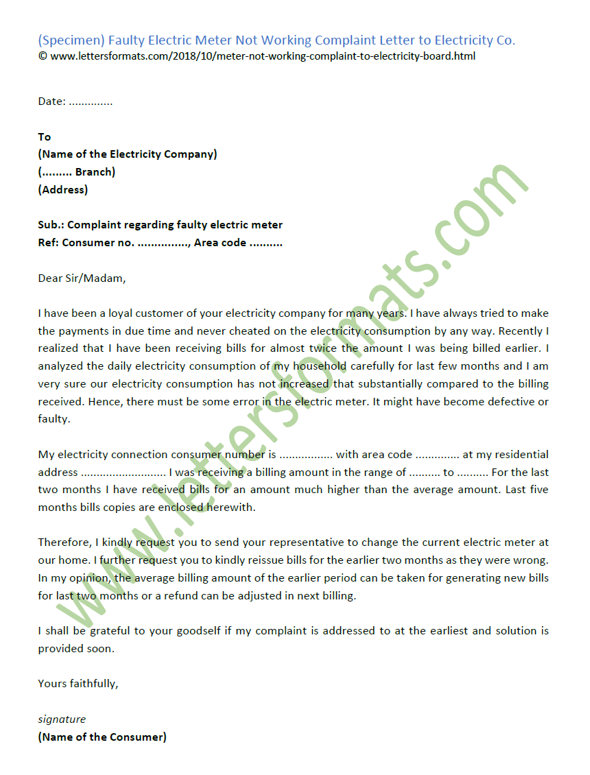 Faulty Electricity Meter Not Working Complaint Letter Format