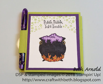 Craft with Beth: Stampin' Up! Halloween Post It Note Holder with Mini Pen Sticky Note 3D Bat Punch Cauldron Bubble Spooky Sweets Trick or Tweet 8 Weeks of Halloween nonfood Halloween treat