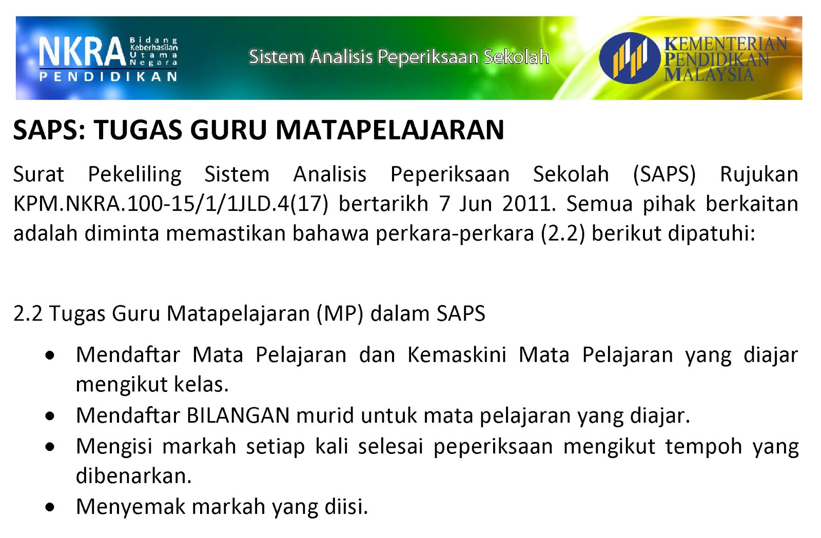 Senarai Tugas Guru SAPS Sistem Analisis Peperiksaan 