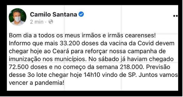 Ceará deve receber hoje mais 33 mil doses de vacina contra Covid-19, afirma Camilo