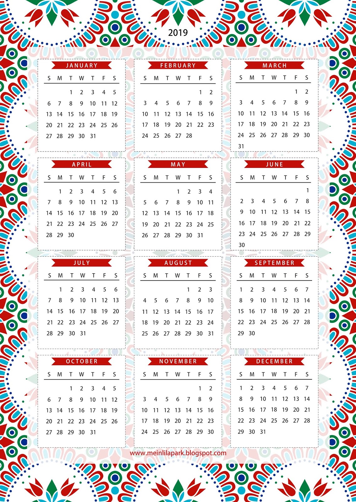 Free Printable 2019 One Page Calendar Kalender Freebie