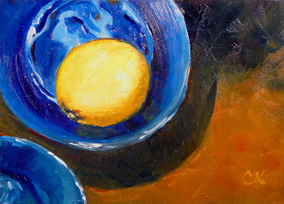 Connie Kleinjans, original oil painting, Lemon in a Blue Bowl, 5x7