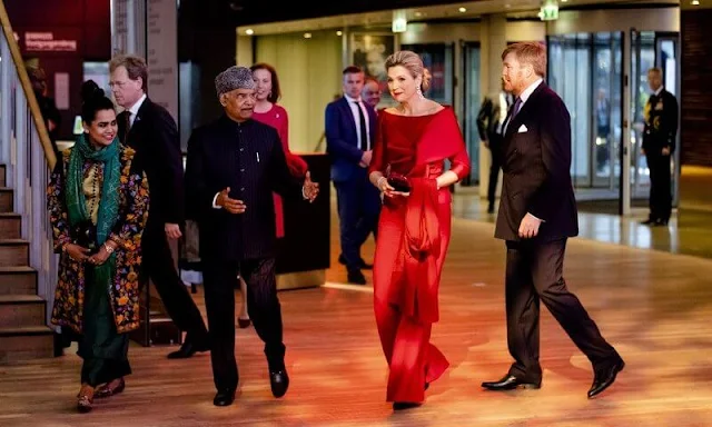 President Ram Nath Kovind and Savita Kovind. Queen Maxima wore a red outfit (Red satin top and red wide leg pants) by Natan