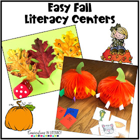 fall literacy centers, leaves and pumpkins