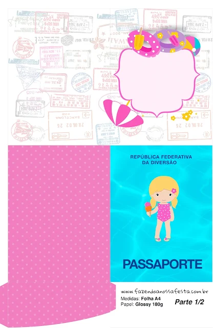 Imprimible con forma de Pasaporte de Fiesta en la Piscina para Niña Rubia.