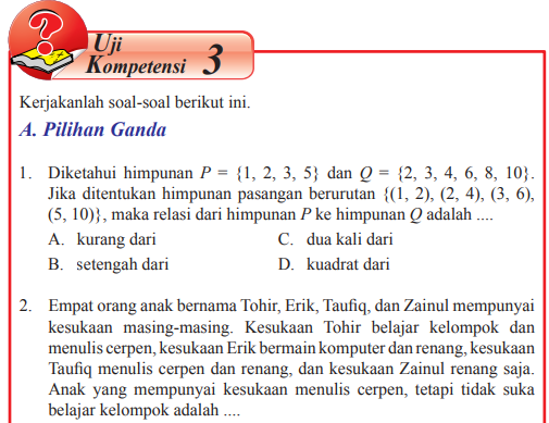 Jawaban Pg Uji Kompetensi 3 Matematika Kelas 8 Halaman 127 Relasi