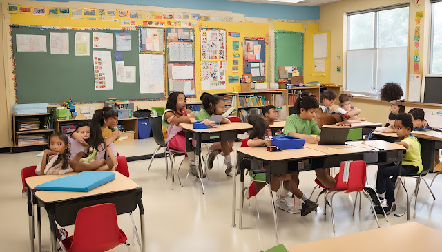 Students in small groups in a classroom