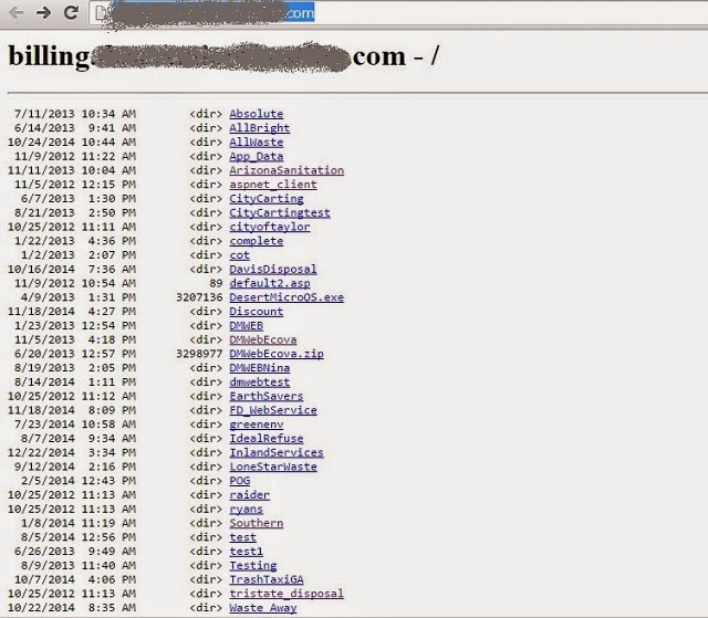 Instead of the billing application, the URL shows a list of files and directories