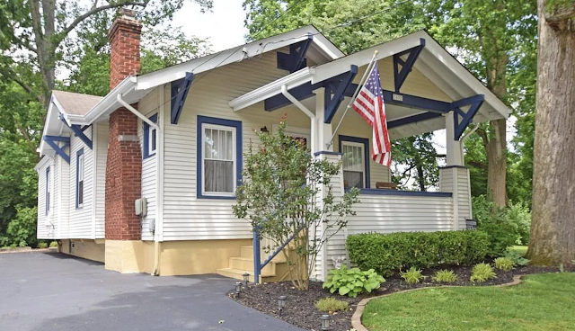 color streetview photo of small white house with blue trim, 3692 Saybrook Avenue, Cincinnati, Ohio • Sears Clyde bungalow